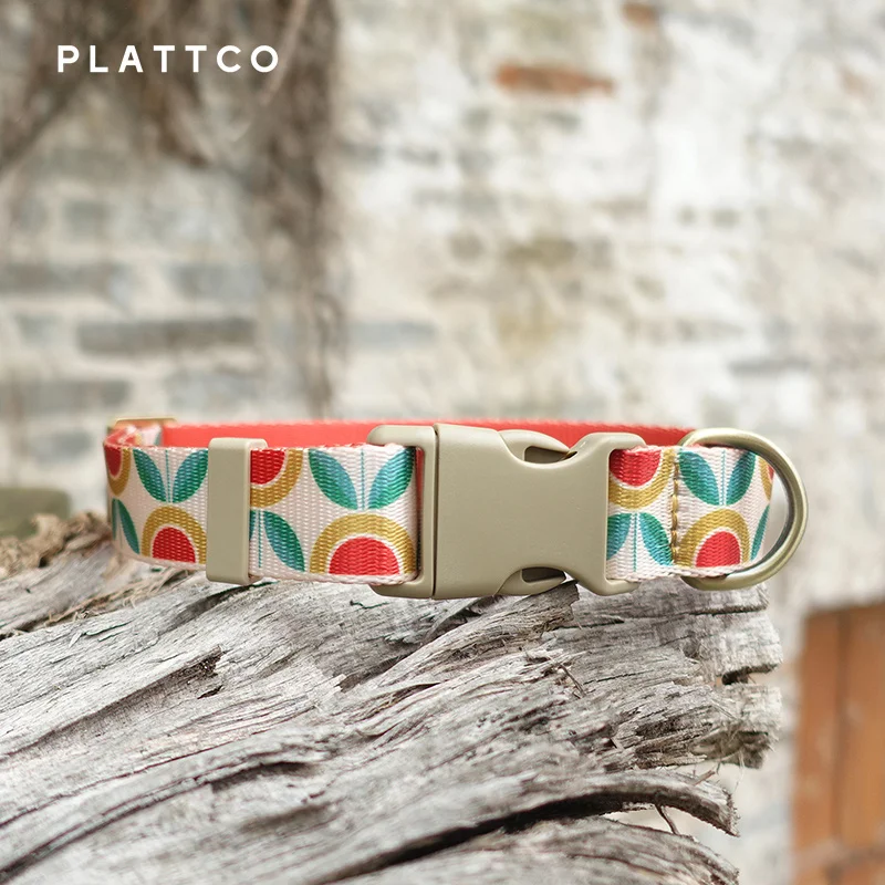 PLATTCO Nylon Printed Dog Collar Adjustable Collar For Dogs Pet Products Custom Engraved Nameplate Pet Supplies Flower Tea