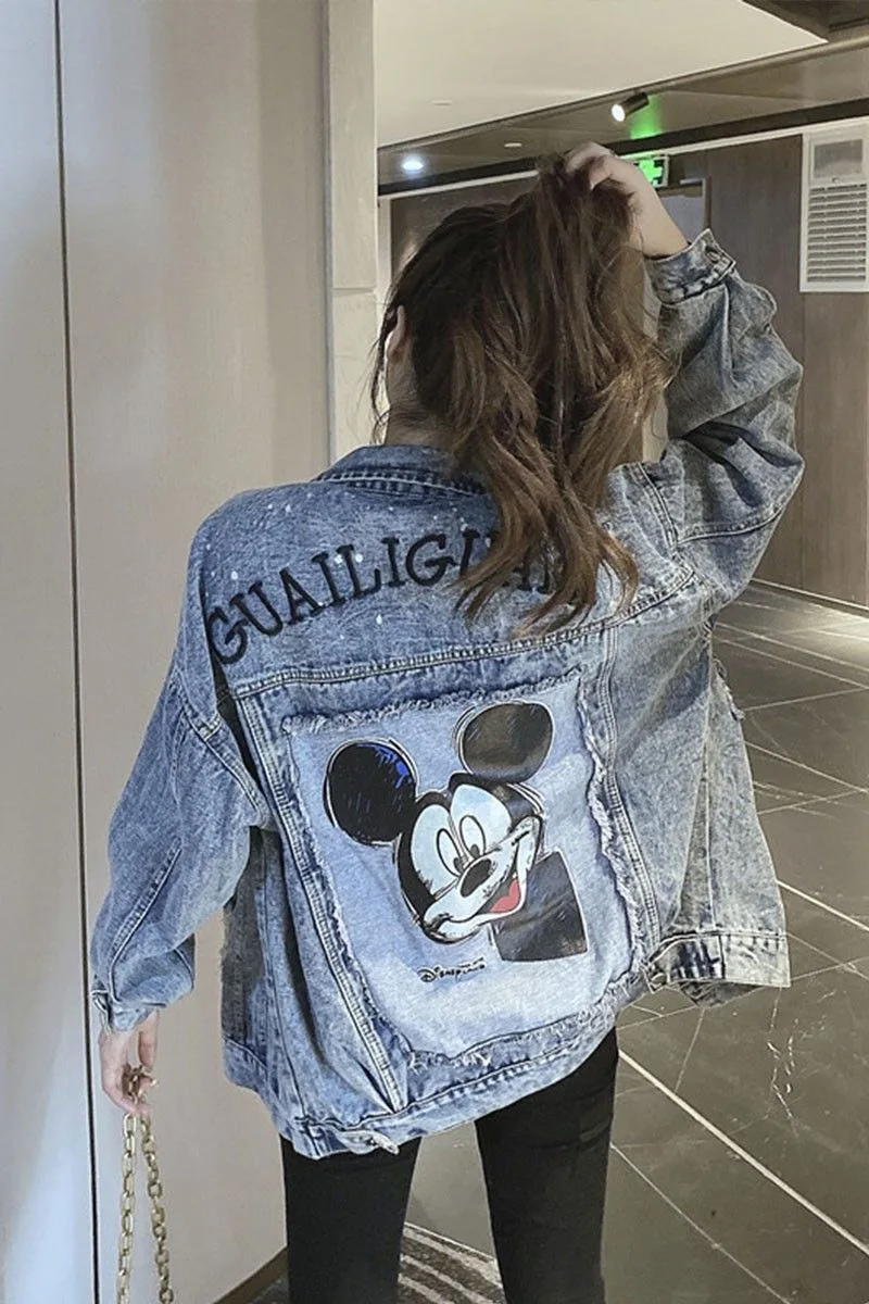 ديزني الصناعات الثقيلة الكرتون ميكي المطرزة كاوبوي معطف المرأة طالب ربيع الخريف أنيمي نمط الدنيم سترة النساء