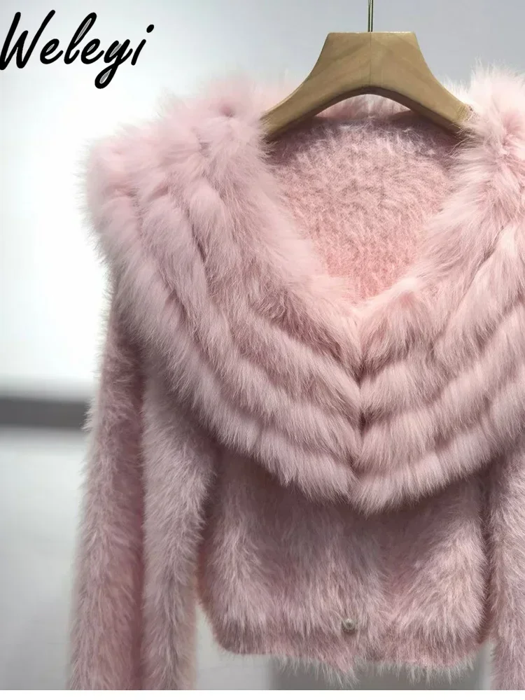 High-end Women\'s Warm Pink Furry Knitted Sweater Jacket Autumn Clothes 2024 New Korean Fashion Long Sleeve Short Fur Coat Trendy