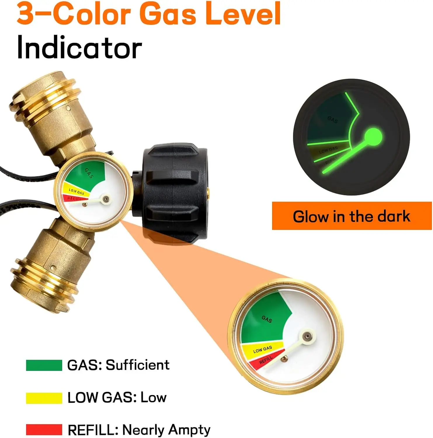 Propane Tank Y Splitter Adapter with Gauge, 2-Way LP Gas Tee Connector for 20lb Propane Tank, Gas Splitter for BBQ Grill, Camping Stove, Burner & Patio Heater