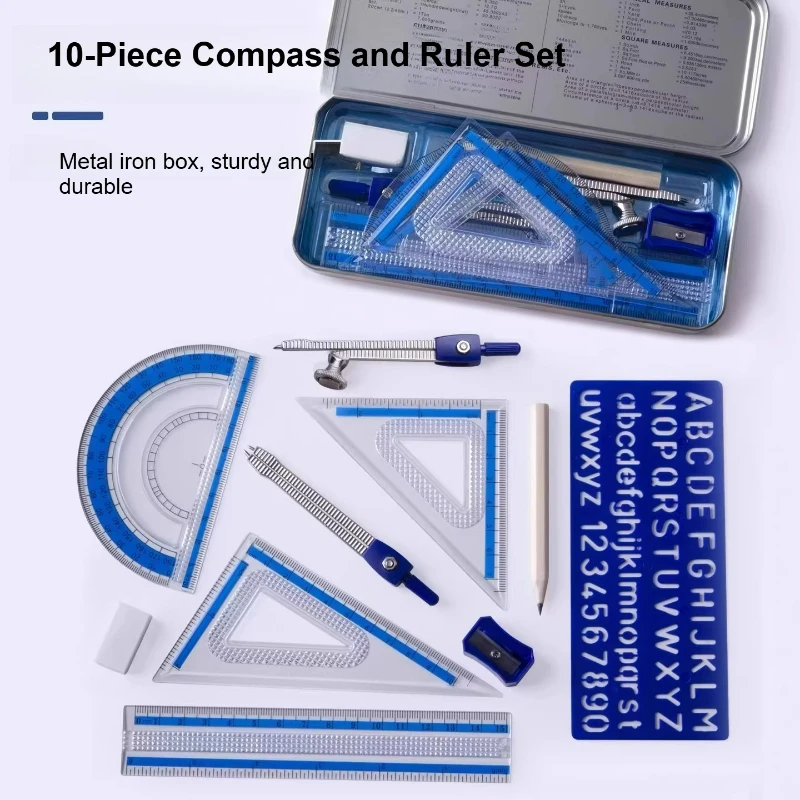 STAEDTLER 10-Piece Multi-Functional Professional Drawing Set for Students' Exams Protractor Ruler Compass Metal Iron Box