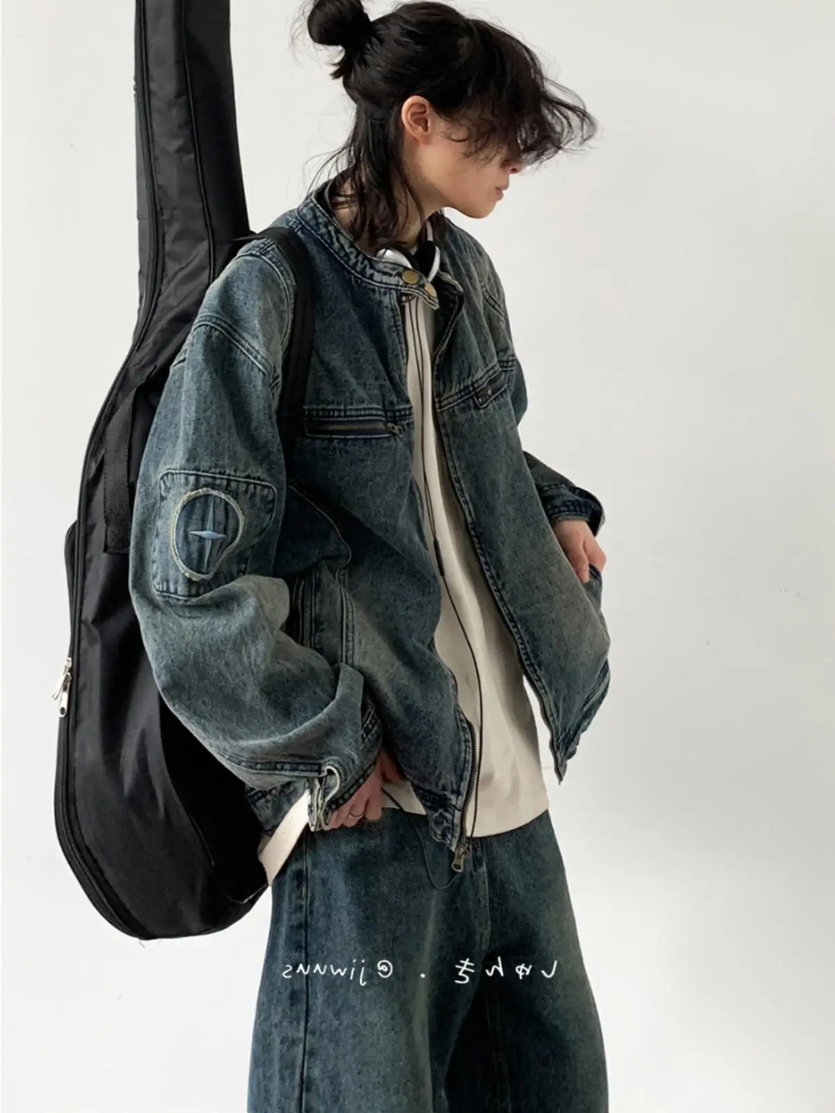 Embroidered Washed Denim Jacket For Man Women BF Jeans Coat Style Loose Blue Workwear, Couple's Top