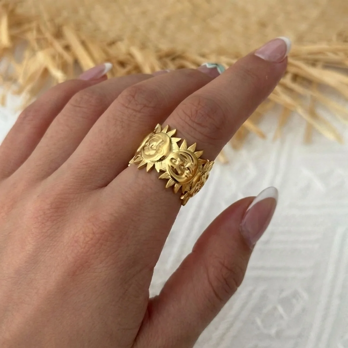 Vintage Edelstahl-Ringe mit Sonnenblumen- und Blattmuster für Damen und Herren, Punk-Mode, geometrischer Spiral-Oval-Fingerring, Schmuck – Detail 17