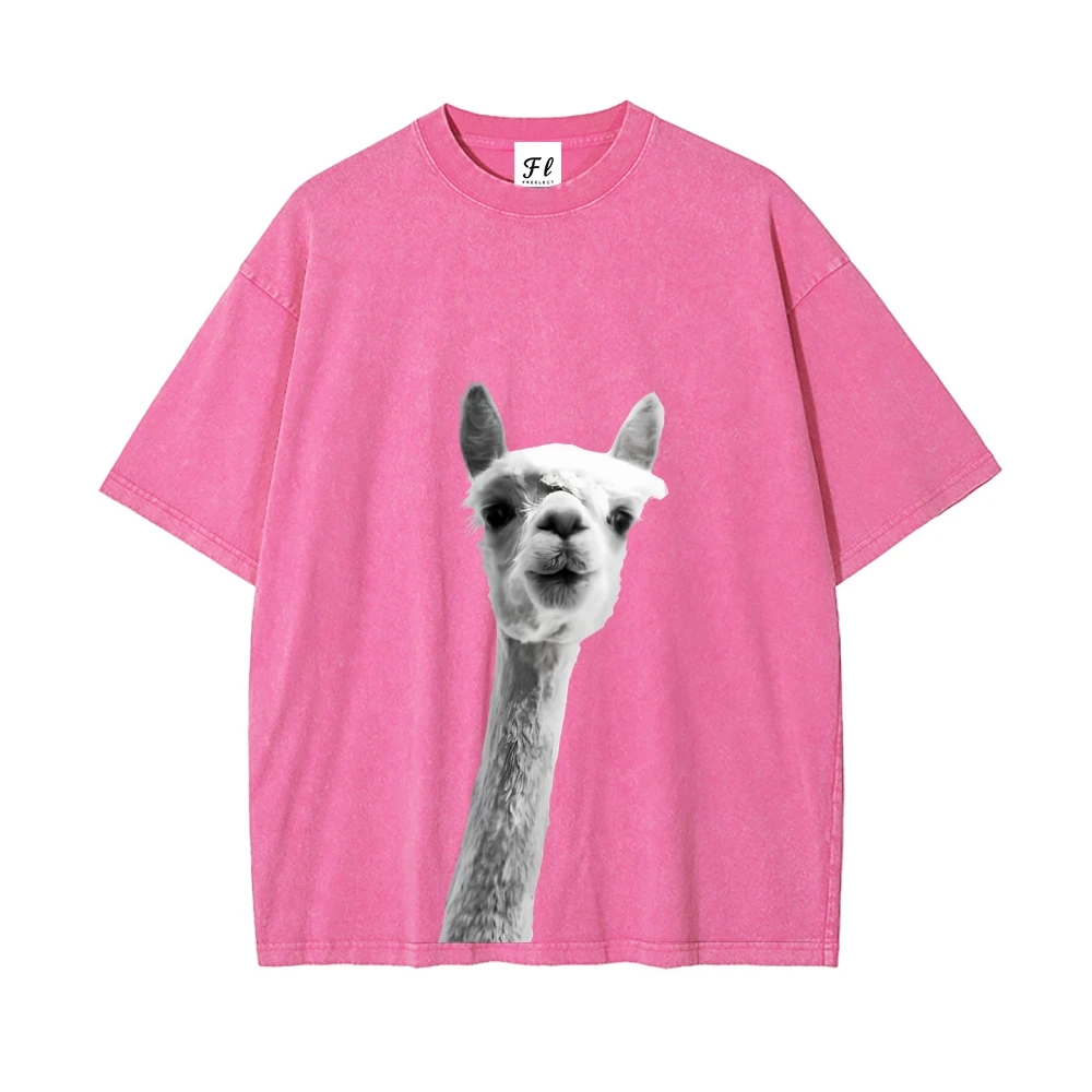 

Summer Retro Washed Tee Cute Alpaca Print Casual Comfortable Round - Neck Loose Short - Sleeve Top Streetwear Clothing