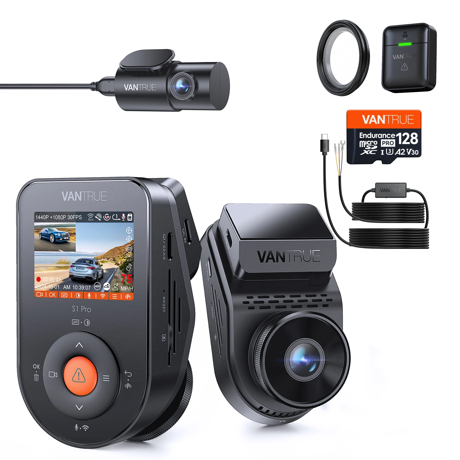 Caméra embarquée Vantrue S1 pro + kit de câblage + 128 Go + CPL + télécommande sans fil 2.7K Vision nocturne HDR avant et arrière STARVIS 2 GPS