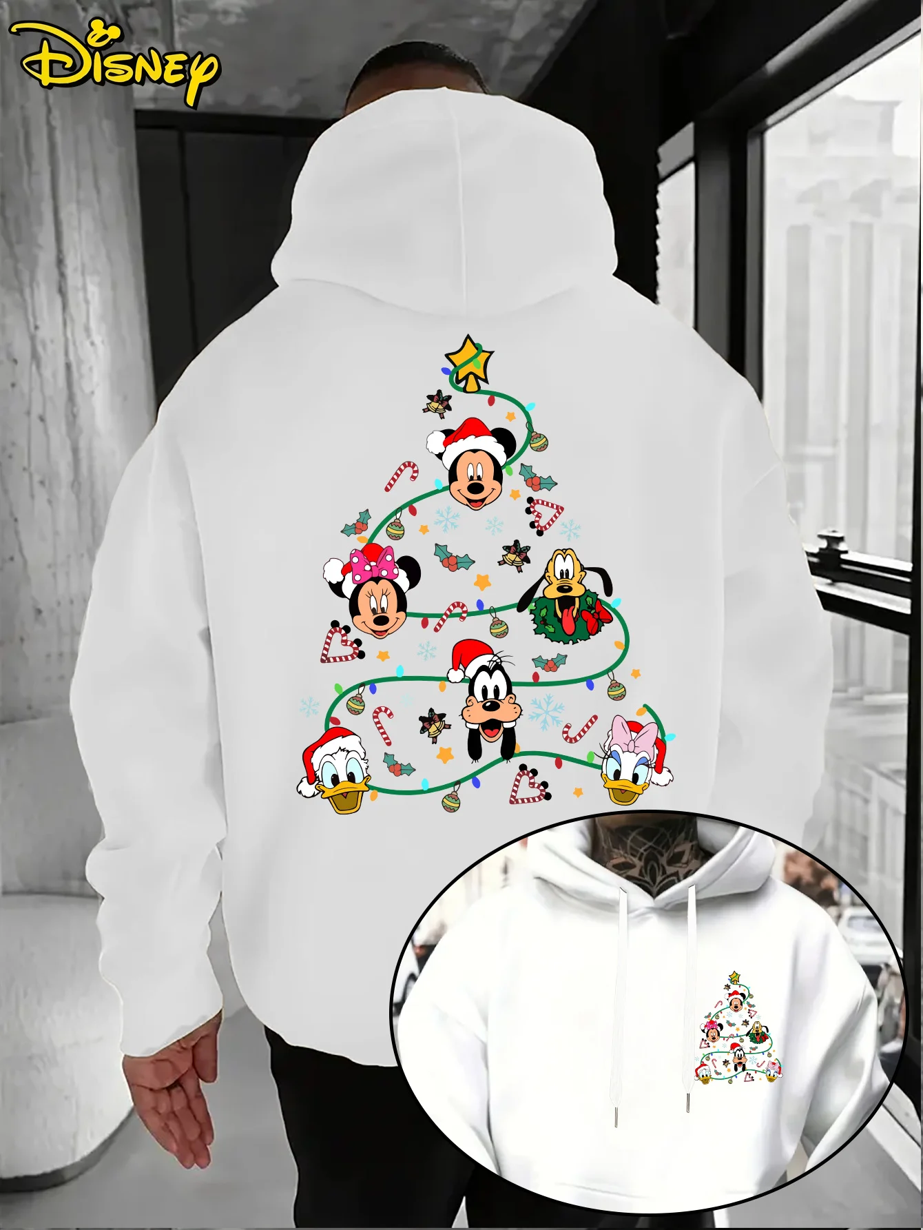 

Disney Mickey Christmas Hoodie Cartoon Pattern Pullover Front Pocket Loose Hooded Sweatshirt for Casual Wear