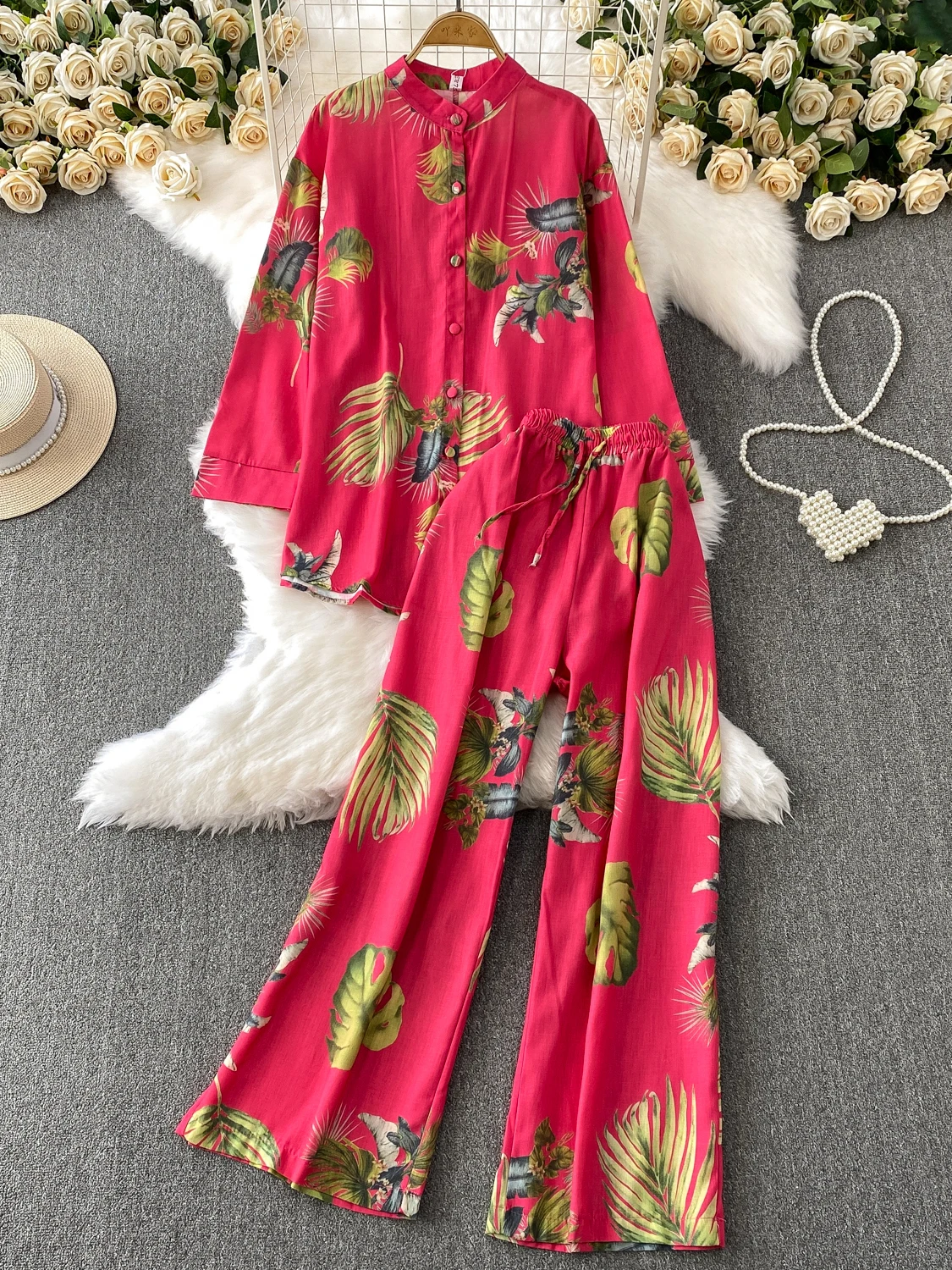 

Retro Ele Long Sve Button up Collar irt Wide Leg Pants High Waist Slimming Two Piece Set Faionable Outerwear