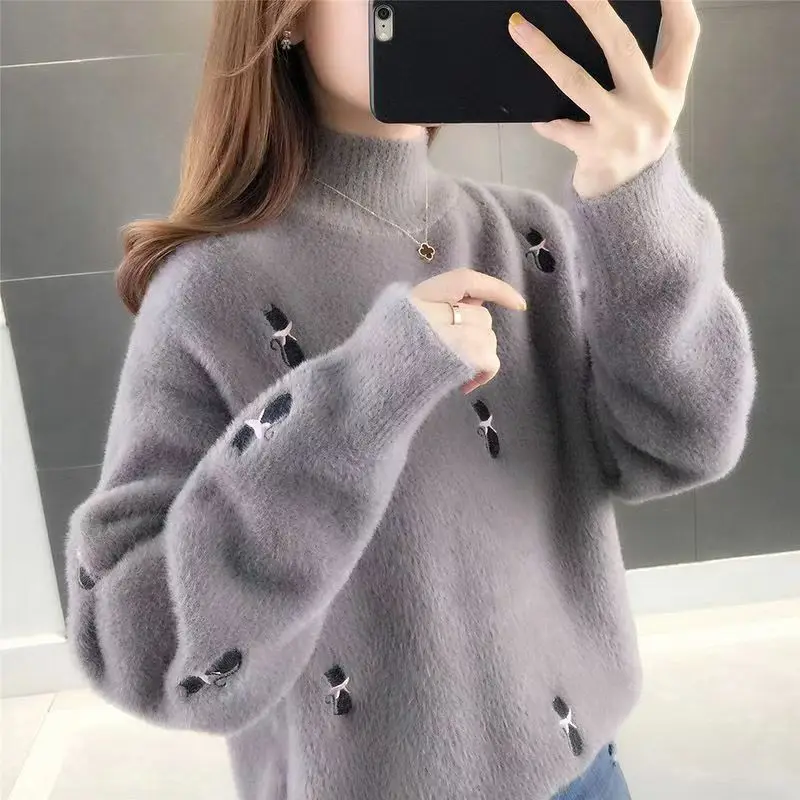 Fashion Stand Collar Knitted Embroidery Sweaters Women\'s Clothing 2023 Autumn Winter Oversized Casual Pullovers Commuter Tops