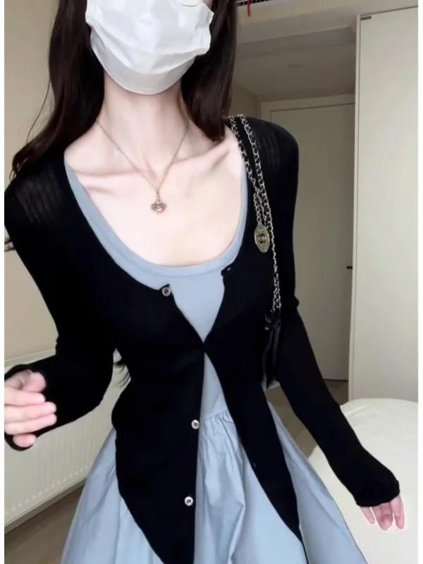 Chic Blue Strapless Dress Women's Early Autumn Clothing Small Size Gentle Shoulder Wrap Cardigan Two-Piece Set Korean Style