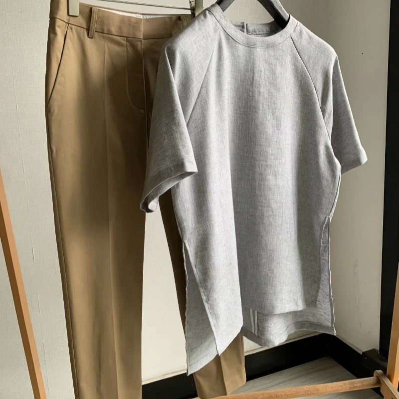 Round Neck Raglan Sleeve Linen Grey Top