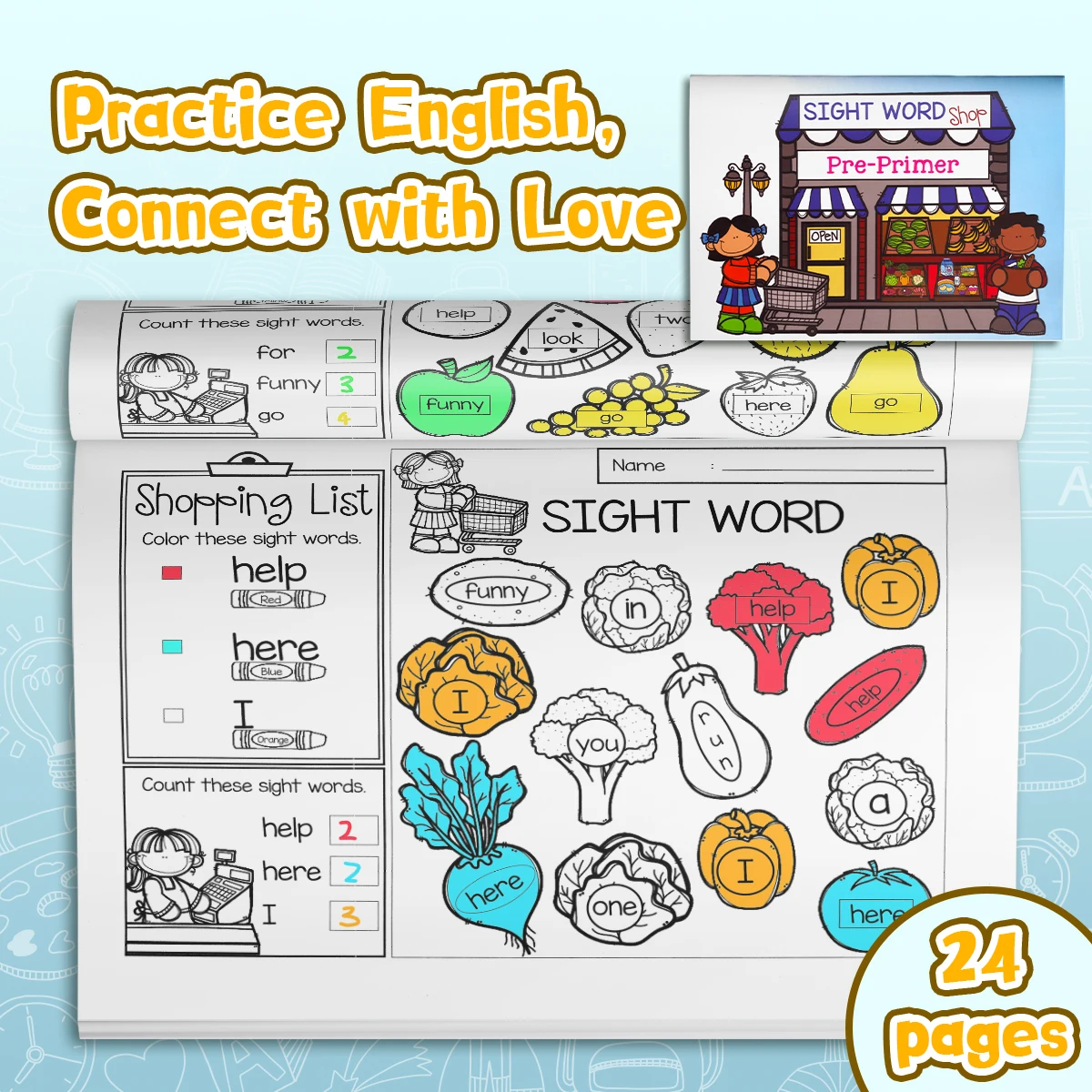 English Words Coloring Book for Kids, Cute Cartoon Patterns, Preschool Early Learning Activity Book, Fun English Learning