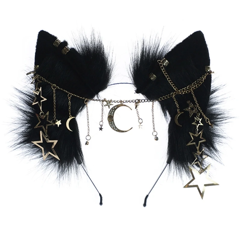 

Cartoon Ear Hair Hoop with Forehead Chain Decors Hair Holder Cosplay Party Headwear for Teenagers Adult 57BD