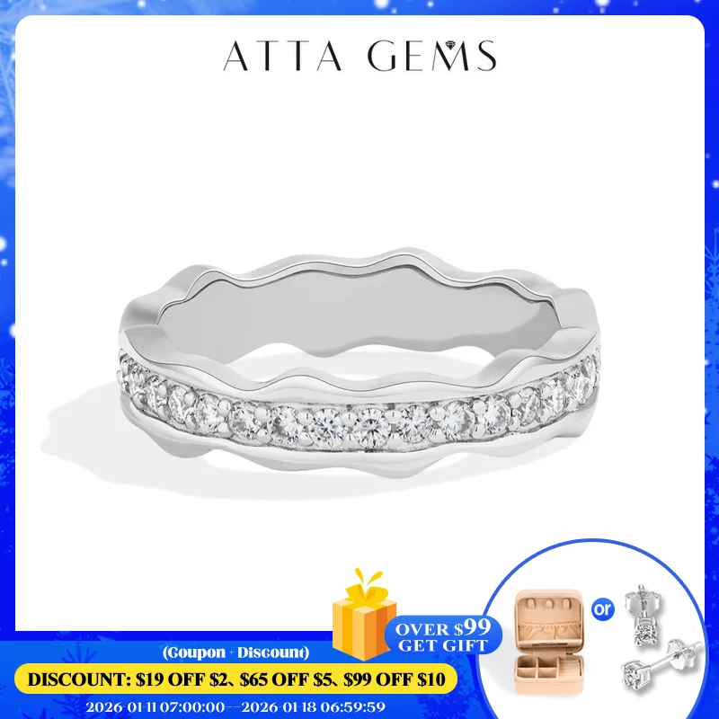

ATTAGEMS Luxury Wavy Diamond Ring For Women 1.7mm Pavé-set Moissanite s925 Silver Irregular Band Engagement Party Daily Jewelry