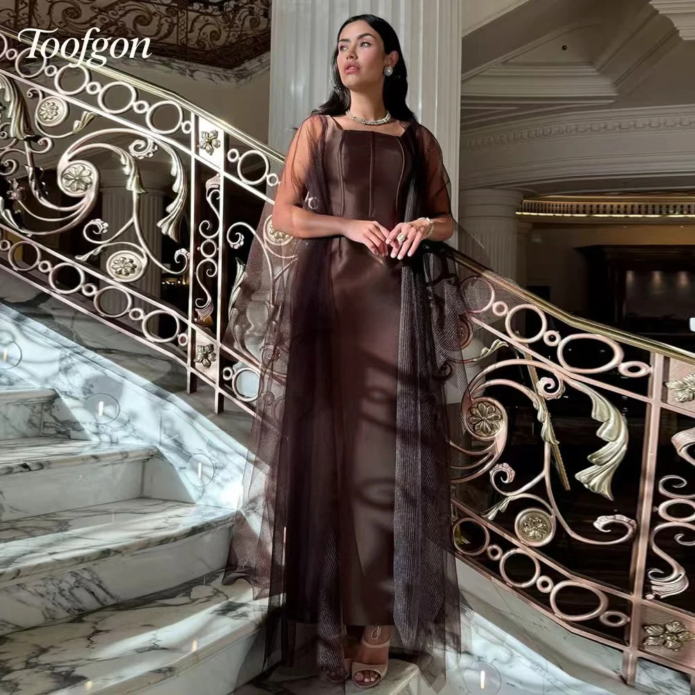 Sukienki wieczorowe Toofgon Brown dla kobiet, szyte na miarę, w stylu saudyjskim i dubajskim, z szerokimi ramiączkami, długie, satynowe, formalne sukienki na studniówkę i przyjęcia.