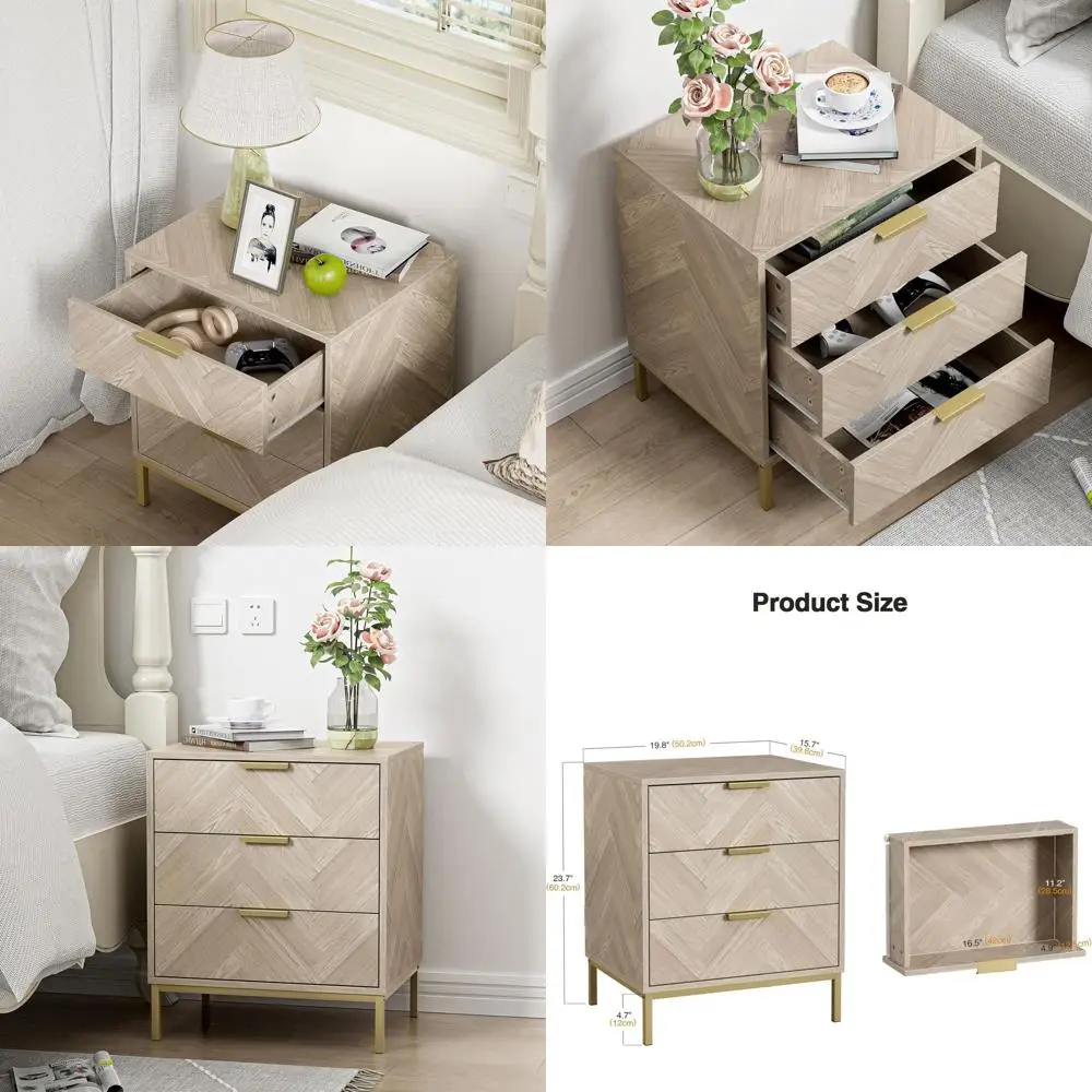 Modern Oak Nightstand with 3 Drawers - Space-Saving Storage Table for Bedroom and Living Room