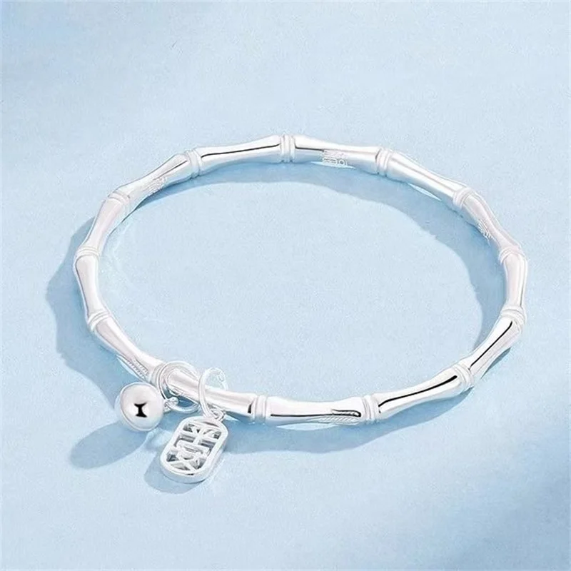Chinese Auspicious Lucky S999 Pure Silver Bamboo Bangle Adjustable Push Pull Bracelet With Hollow Safety Lock and Small Bell Cha