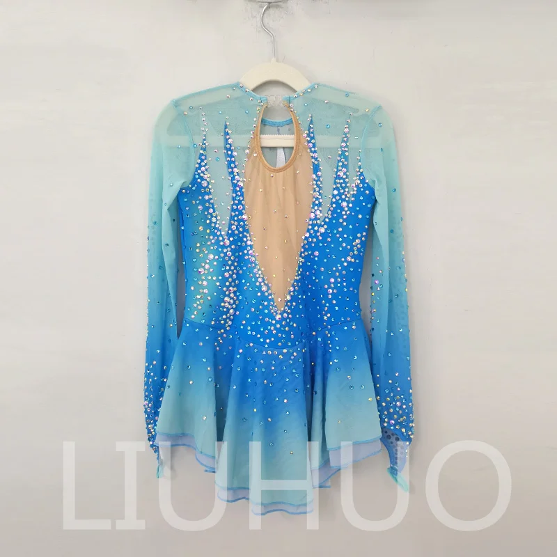 LIUHUO-vestido de patinaje sobre hielo para niñas, mujeres y adolescentes, LICRA elástica, competición, venta al por mayor, azul