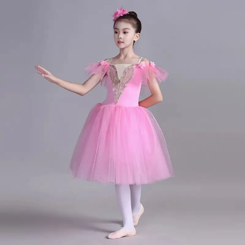 

New Professional Ballet Figure Long Chiffon Dress for Girls, White Swan Ballet Dress, Group Performance Dress