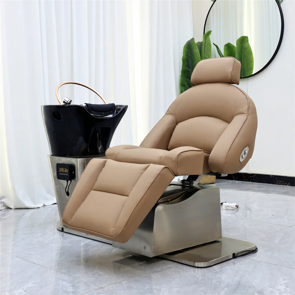 Moderna Estación de Peluquería con Cama de Masaje Eléctrica, Lavabo de Cerámica para Lavar el Cabello y Silla de Lavado