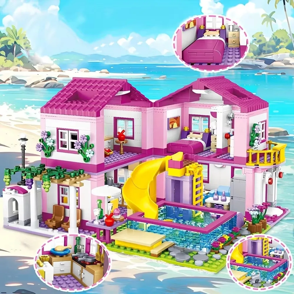 บล็อกตัวต่อบ้านพักตากอากาศริมชายหาดพร้อมสไลเดอร์น้ำ - บ้านในฝันแบบแปลงสภาพได้ ของเล่น DIY สำหรับเด็กผู้หญิง ของขวัญวันเกิดสุดสร้างสรรค์