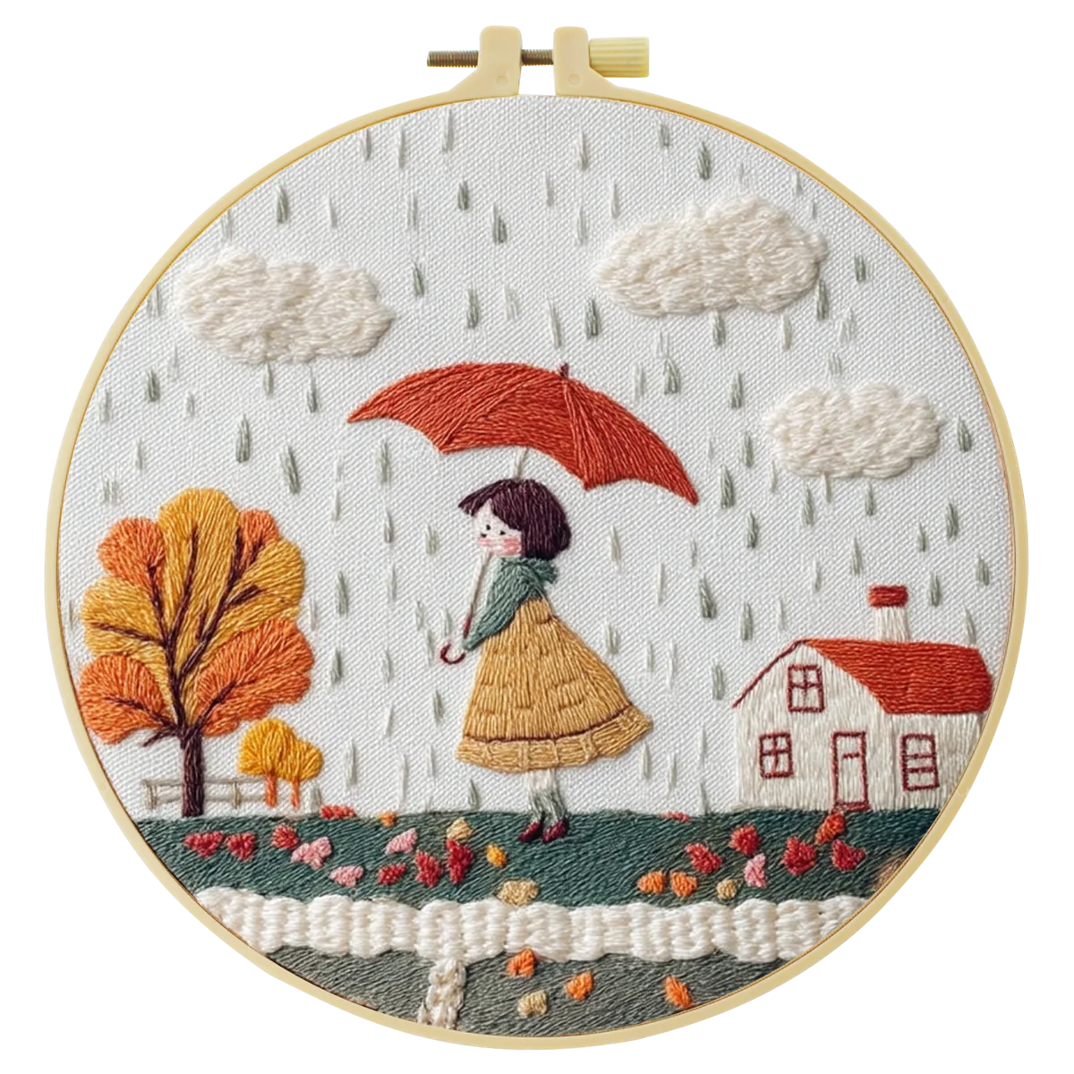 1 Stück 20X20CM/15X15CM 7,87/6,3 Zoll Ein kleines Mädchen, das an einem regnerischen Tag einen Regenschirm hält Taschen-Stickerei-Starter-Kit DIY-Kit Heimdekoration – Detail 3