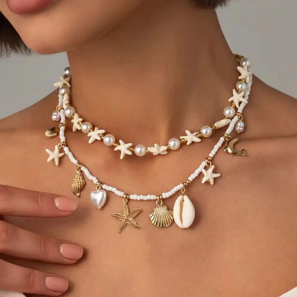 IngeSight.Z 2 Pcs/Set Bohemia Starfish Conch Scallop Pendant Necklace Women Handmade Imitation Pearl Choker Charm Jewelry Gift