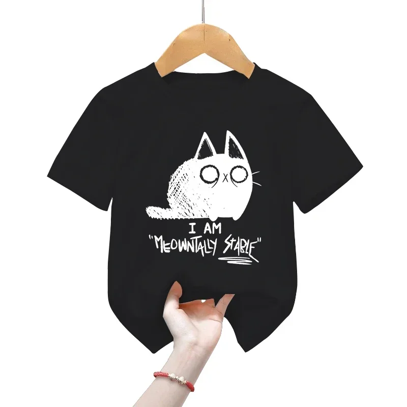 Meowntally Stable Kids T-shirts Animal Black Cat Girls Boys Tshirts Cute Pet Cat Classic Kids T Shirts Cat Children's Clothing