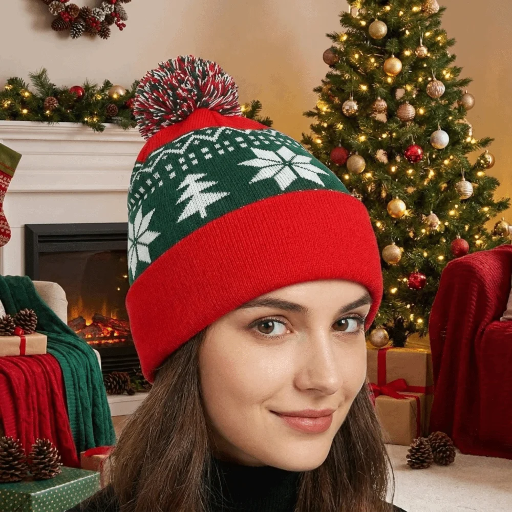 Funny Snowflake Christmas Hat Jacquard Wool Knitted Beanie Hat Gift Warm Christmas Knitted Hat Women
