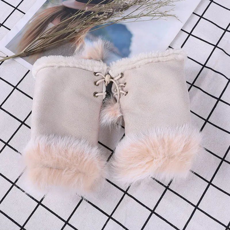 1 Pair New Fashion Faux Rabbit Hair Gloves Suede Leather Fingerless Soft Stretch Gloves Women Girls Winter Thicken Warm Mittens