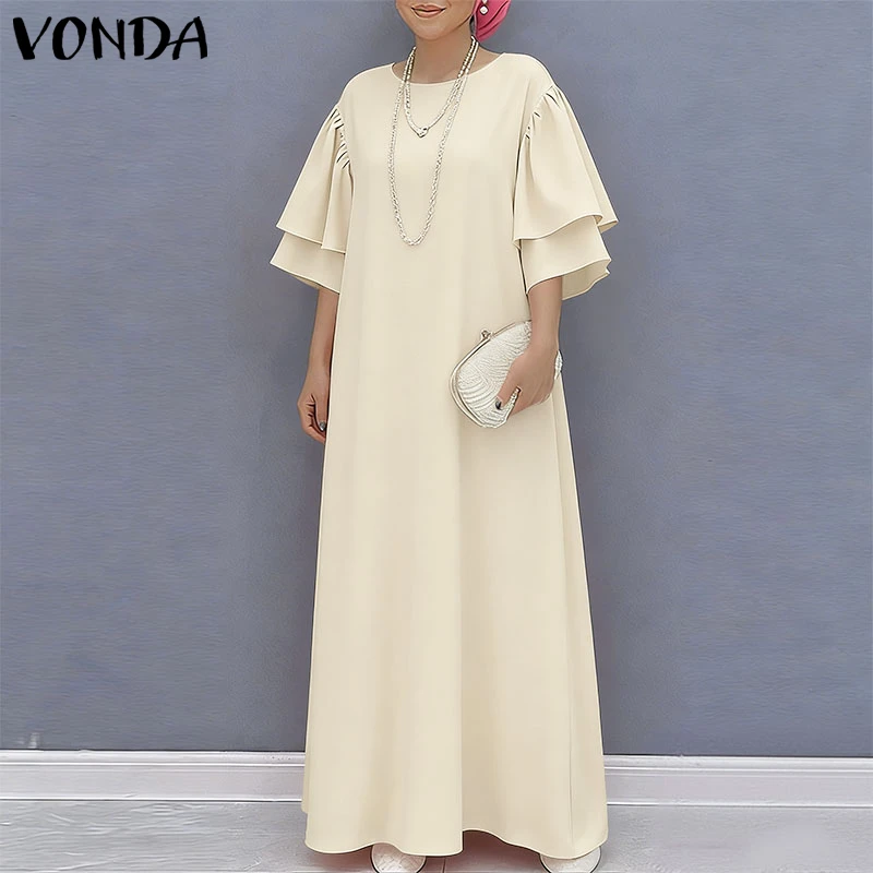 

VONDA Elegant Women Summer Dress Half Sleeve Plus Size Dresses Ruffle Sleeve OL Work Party Vestidos Long Maxi Dress Streetwear