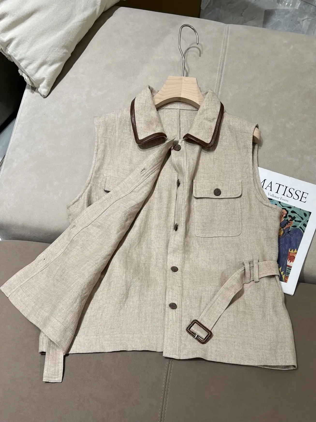 100% Linen Patchwork Polo Collar Pocket Belt Sleeveless Workwear Vest for Women
