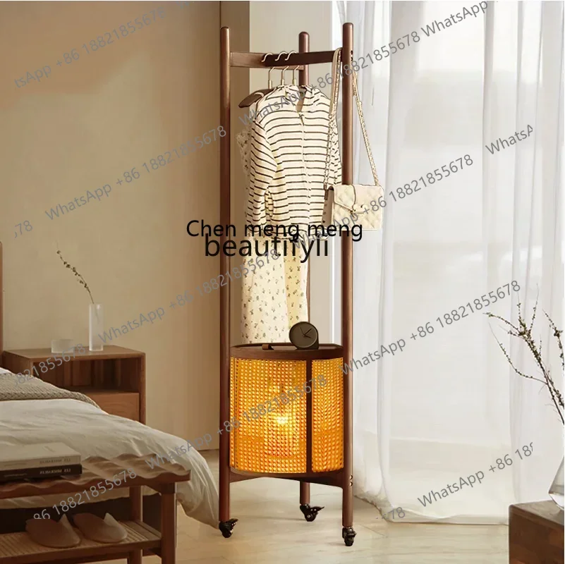

ss7304 Portable Simple Solid Wood Hanger Dirty Clothes Basket Rattan Coat Rack Can Be Stored