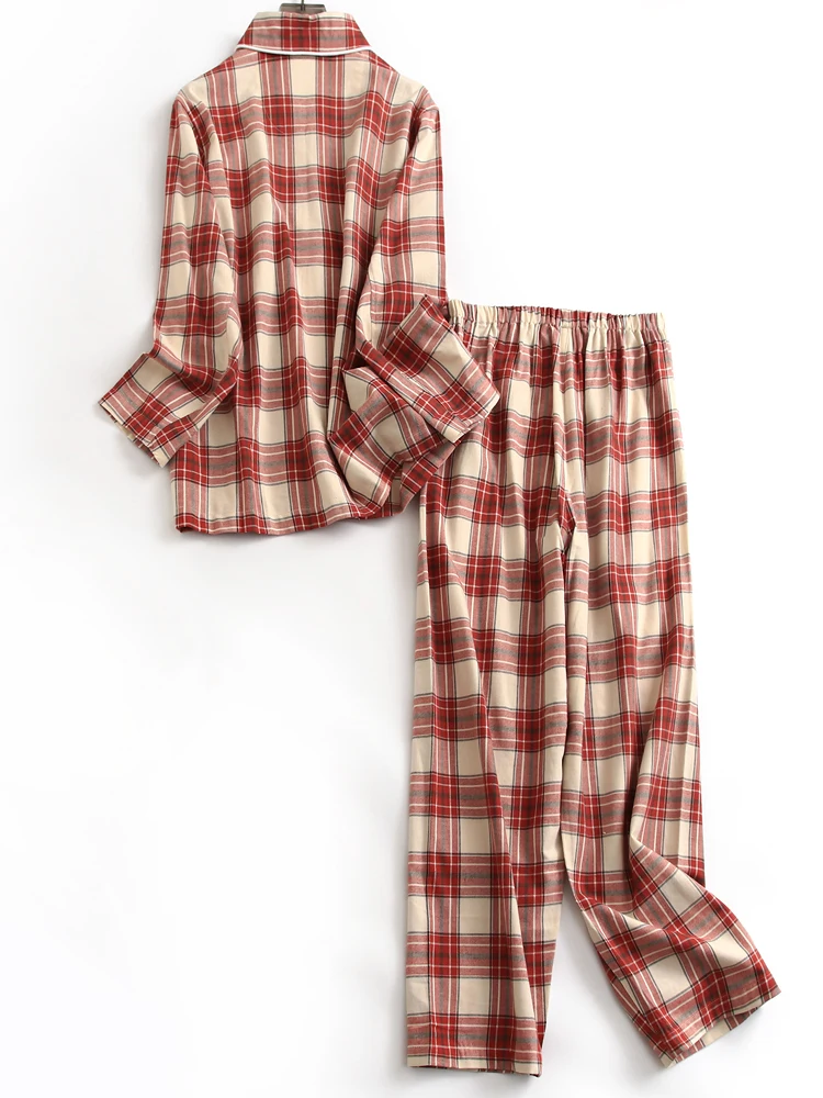 Pure Cotton Flannel Couple Style Long Sleeve Button up Home Clothes Sleepwear Two Piece Set Comfortable Soft Plaid Pattern