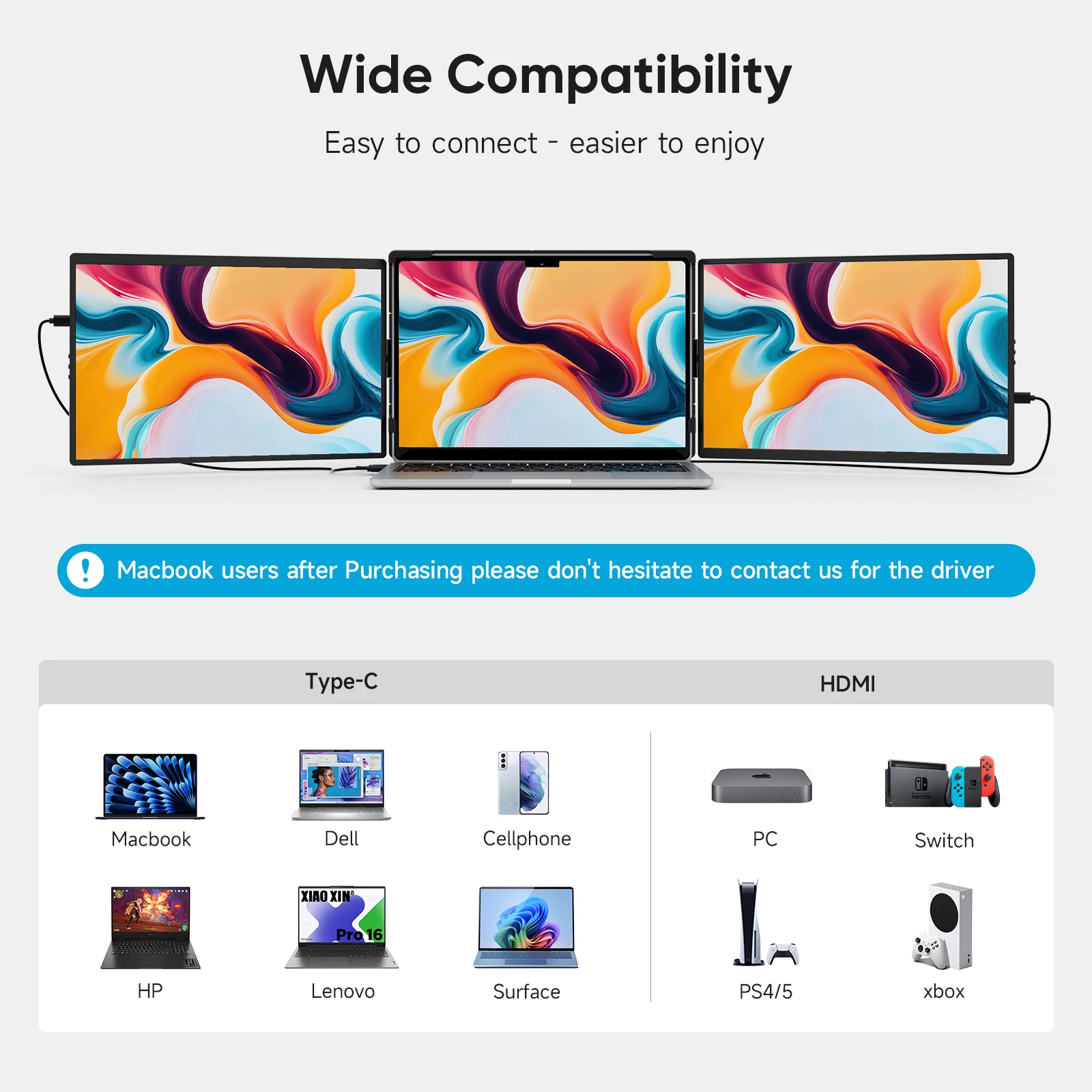 Dopesplay triplo extensor de tela dupla para laptop fhd 1200p monitores portáteis de 14.1 polegadas para windows mac android laptops 14-17.3 polegadas