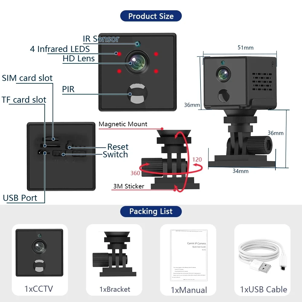 5MP 4G Carte SIM Mini Caméra Intégré 3000mAh Batterie PIR Détection Humaine WIFI Sécurité Surveillance Caméra IP