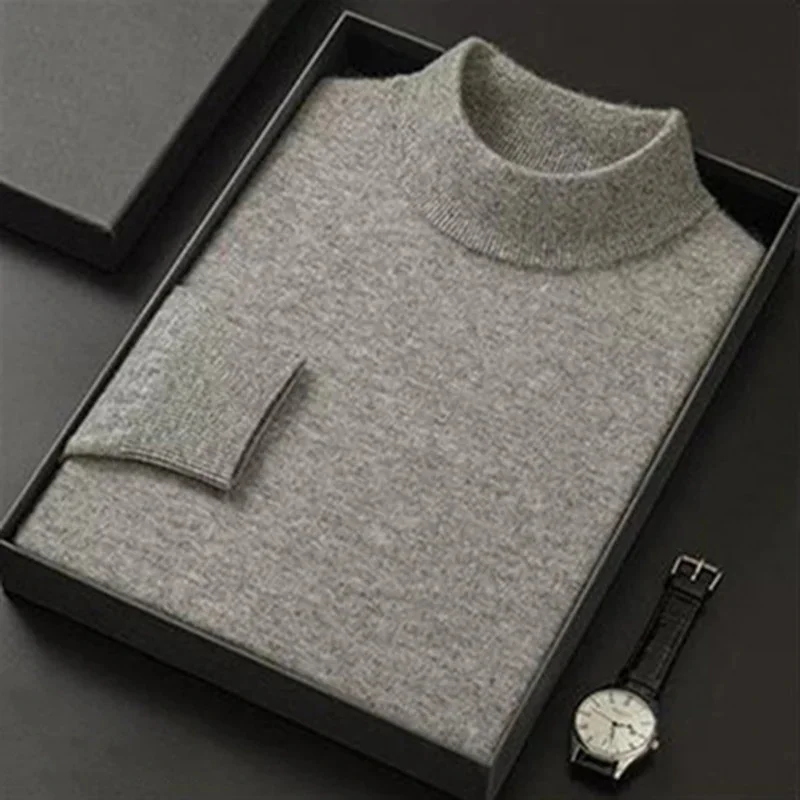 

New 2024 Men's Mock Collar 100% Pure Woolen Sweater Tops Autumn Winter Cashmere Men Pullover Knitted Warm Male