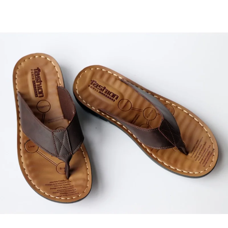 2023 Shoes Leather Men\'s Flip Flops Shoes Outdoor Beach Casual Flat Slippers Trend Flat Non-slip Clip Toe Sandalias Large Size