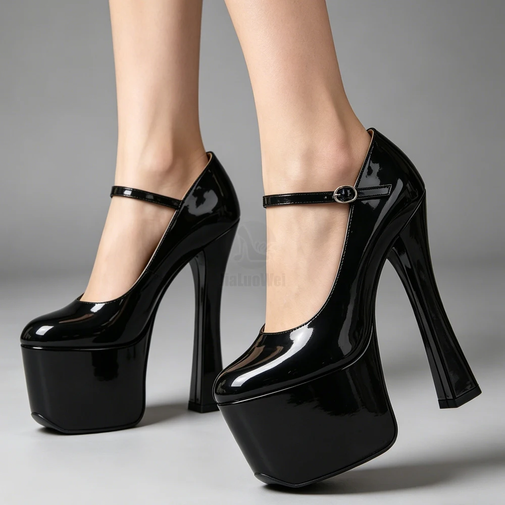 20CM High Heels Mary Jane Pumps Ultra High Chunky Heel Thick Platform Round Toe Ankle Strap Stage Show Punk Shoes