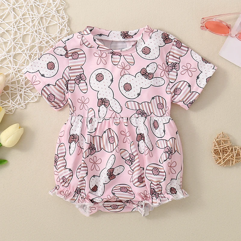 

SUNSIOM Infant Newborn Summer Short Sleeve Romper Round Neck Rabbit Flower Bow Print Frill Hem Easter Jumpsuit for Baby Girls