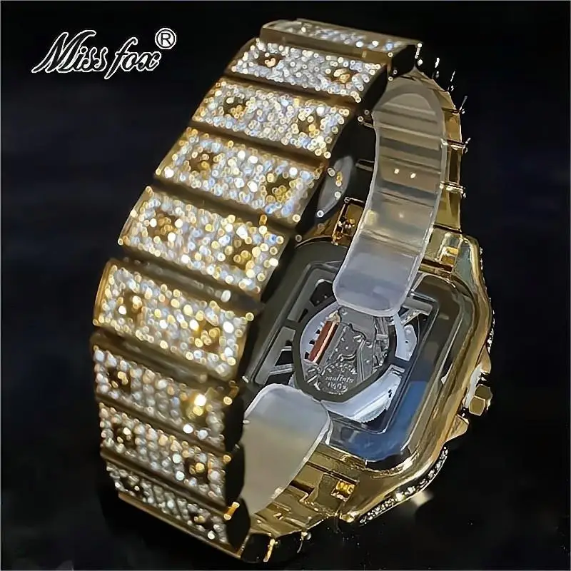 Imagem -05 - Missfox Relógios de Ouro dos Homens de Luxo Hip Hop Iced Diamante Quadrado Quartzo Relógio de Pulso Moda Oco Aaa Relógios à Prova d Água Mans Reloj