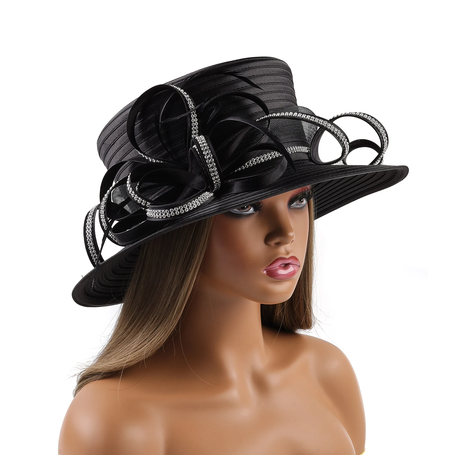 Premium Fancy Black Satin Cloth Church Hat Formal Photography Hats Chains Fashion Flower Wedding Top Hat for Women Ladies Girls