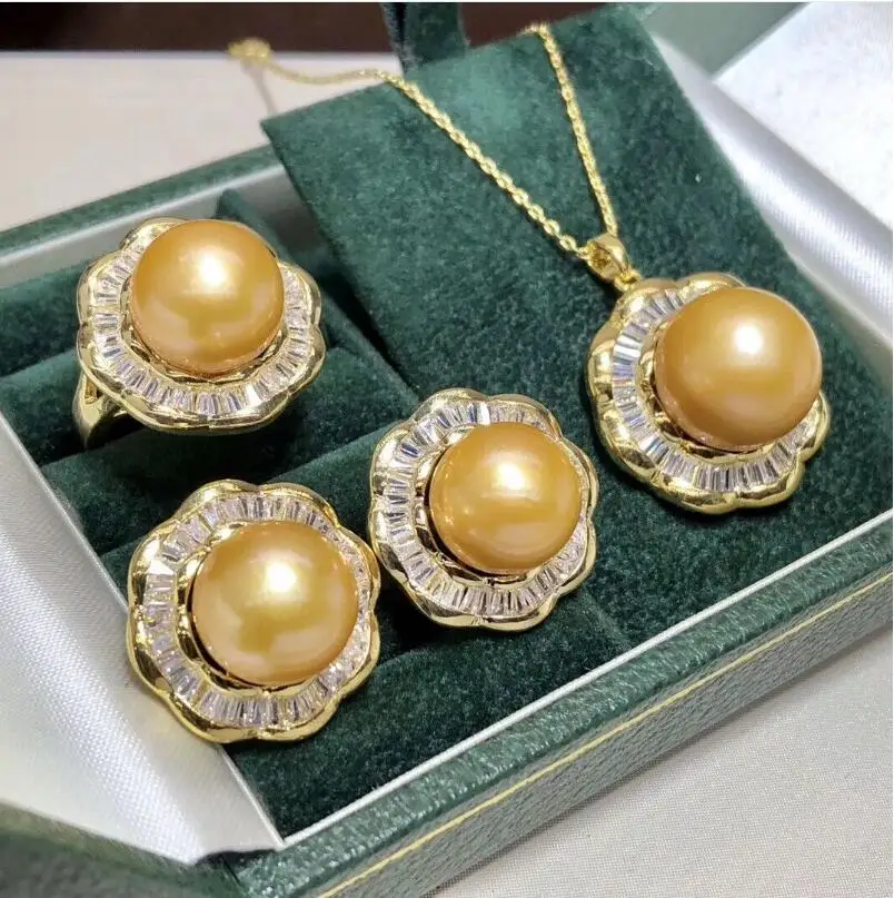 Gorgeous AAAA 9-10mm South China Sea Gold Earstuds Pearl Pendant Earring Set 925s-