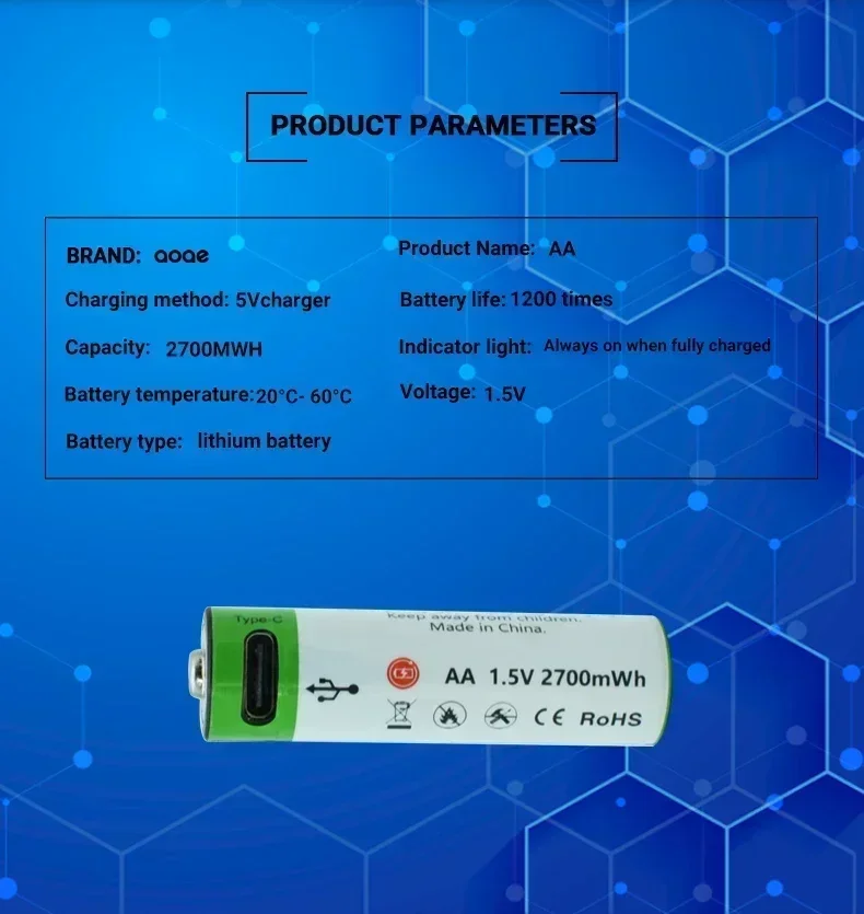 New AA battery 1.5V 2700mAh USB rechargeable lithium-ion battery, suitable for mouse, toy, clock, and remote control batteries