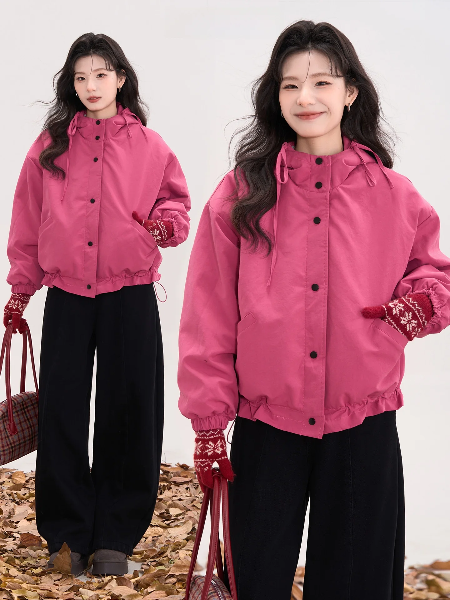 

Winter Thiened Fce Lined Hooded Jaet Dragon Fruit Color Korean Sle Women's Cotton Jaet Coat Window Display Heme