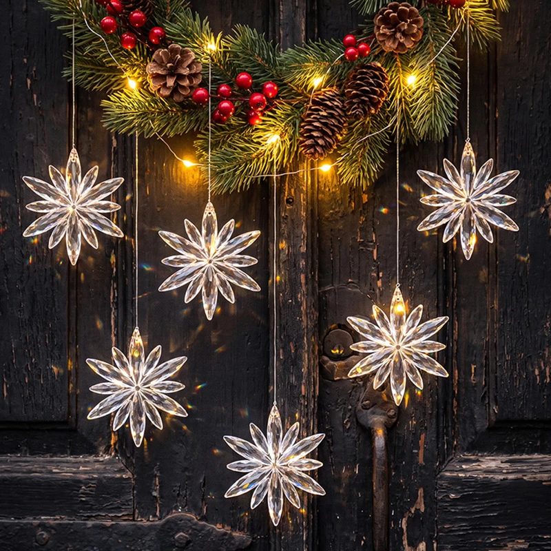 6 Christmas Decorations, Transparent Snowflake Pendants with a Christmas Vibe, Imitation Crystal Refractive Glitter Snowflakes, Store Window Ceiling Decorations, Each Large Snowflake Pendant Has a Diameter of 2.48inch