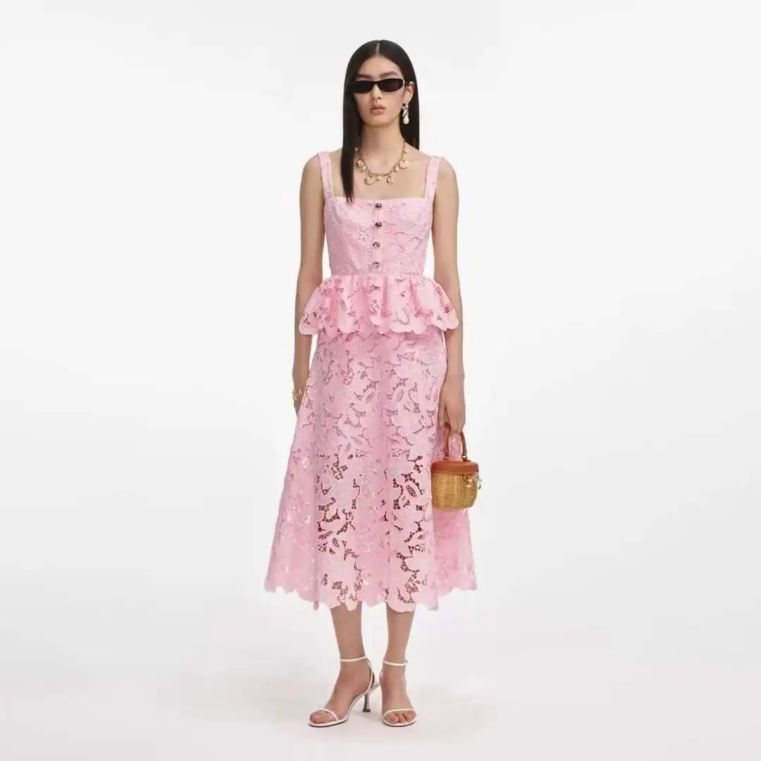 High Quality Summer Floral Lace Peplum Dress Ladies Square Neck Sleeveless A-Line Mid-Length Casual Dress