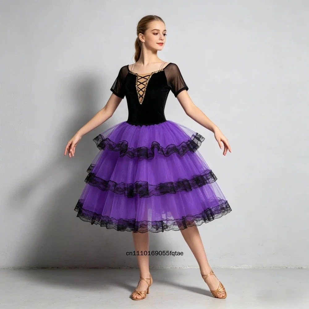 

Professional Ballet Romantic Tutu Dress Spanish Style Long Flowy Skirt For Women Adult Girls Kids Stage Performance Dance Costum
