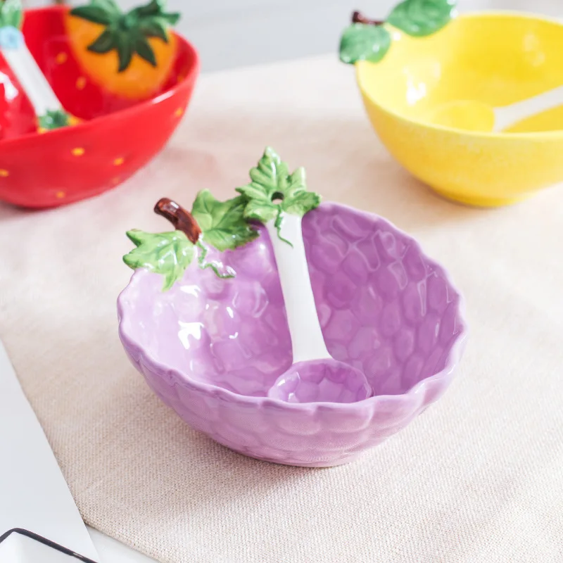 Creative Ceramic Fruit Bowl Vegetable Salad Bowl Children\'s Bowl with Spoon Noodle Breakfast Dessert Bowl Household Tableware