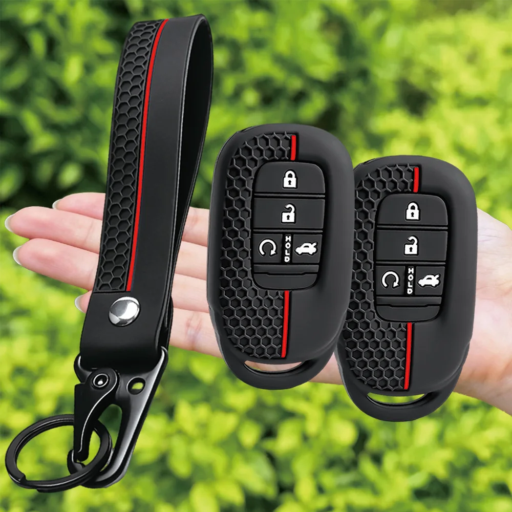 For Honda Accord Civic CR-V HR-V Pilot Passport Odyssey silicone car key fob cover with long wrist strap and swivel clip