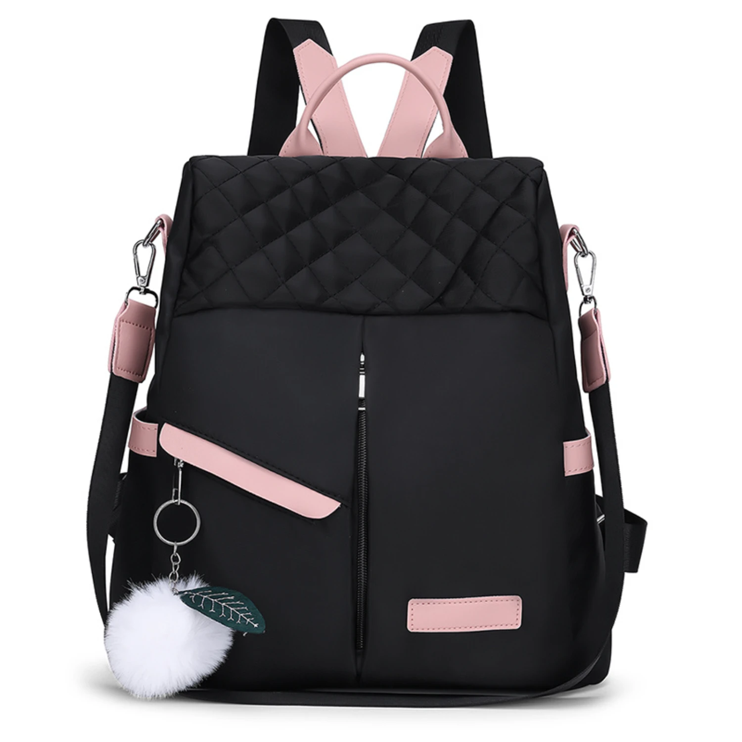 

Women's Fashion Backpack, Quilted Design, With Pom-Pom Charm, For School, College, Casual Use Daily Use Backpack